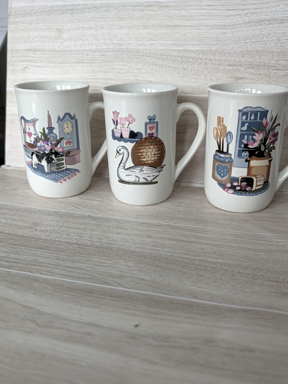 Cottagecore Pastel 1980s Farmhouse Mug Set - Swan, Cow & Kitchen Hutch